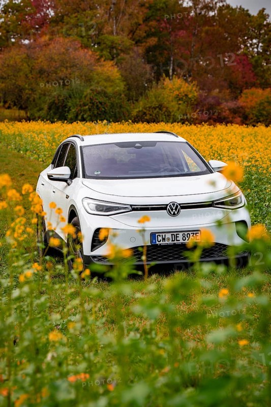 A white SUV drives through a blooming field surrounded by autumn trees, Deer E-Carsharing, VW ID4, Calw, Germany