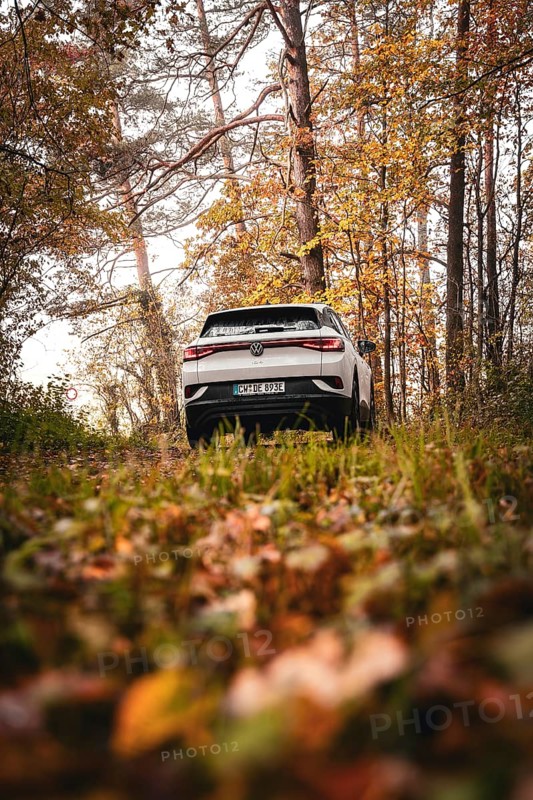 SUV on a forest path surrounded by autumn trees, deer e-car sharing, VW ID4, Calw, Germany
