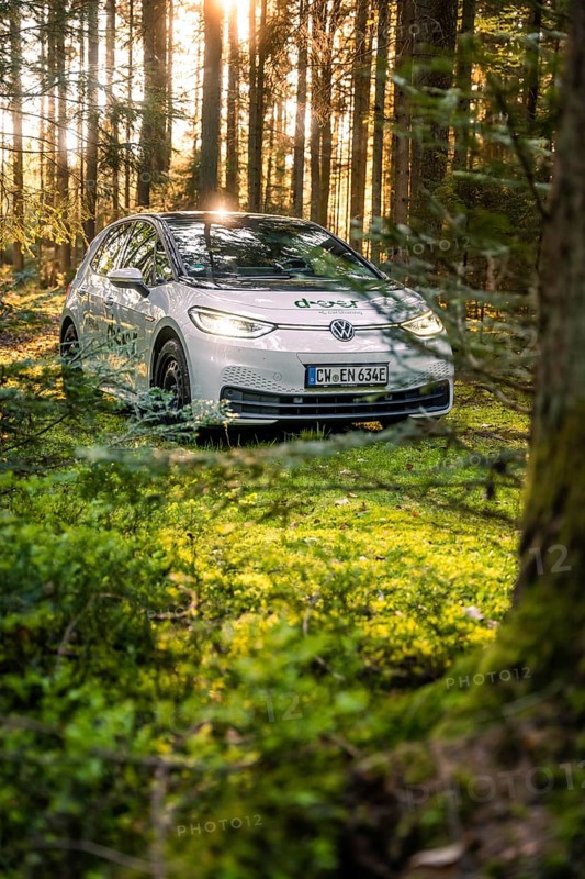 A car is parked in the shady forest next to a tree trunk under the rays of sunlight, Deer E-Carsharing, VW ID3, Calw, Germany