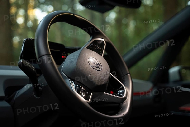 Close-up of a steering wheel in a car with a wooded background, Deer e-Carsharing, VW ID3, Calw, Germany