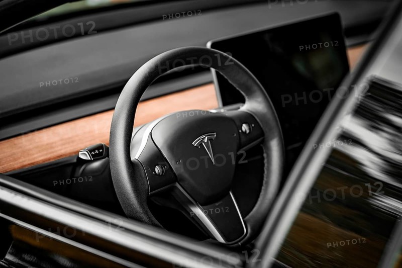 Close-up of a black steering wheel with wood paneling in modern car interior, Deer e-car sharing, Tesla Model 3, Calw, Germany