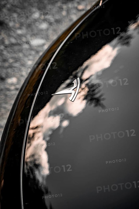 Black bonnet with reflective Tesla logo and clouds, Deer e-car sharing, Tesla Model 3, Calw, Germany