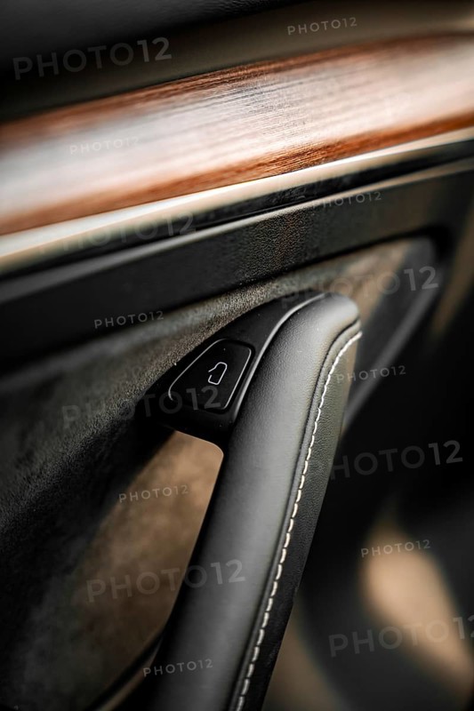 Close-up of a door handle in a car interior with wooden accent, Deer e-Carsharing, Tesla Model 3, Calw, Germany