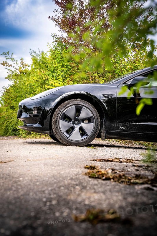 Side close-up of a black car on an asphalt road surrounded by plants, Deer E- car sharing, Tesla Model 3, Calw, Germany