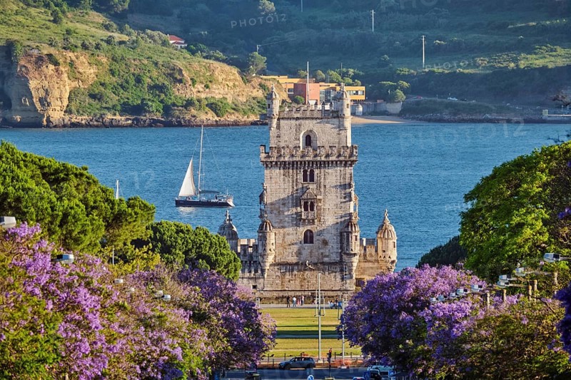 Blooming jacaranda trees line the street as Belem Tower stands majestic over the Tagus River at sunset with tourist sailboats nearby