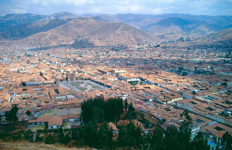View of the Andean city of Cusco from Saysayhuaman fortress, Andean highlands, Peru, South America, September 1997, vintage, retro, old, historic