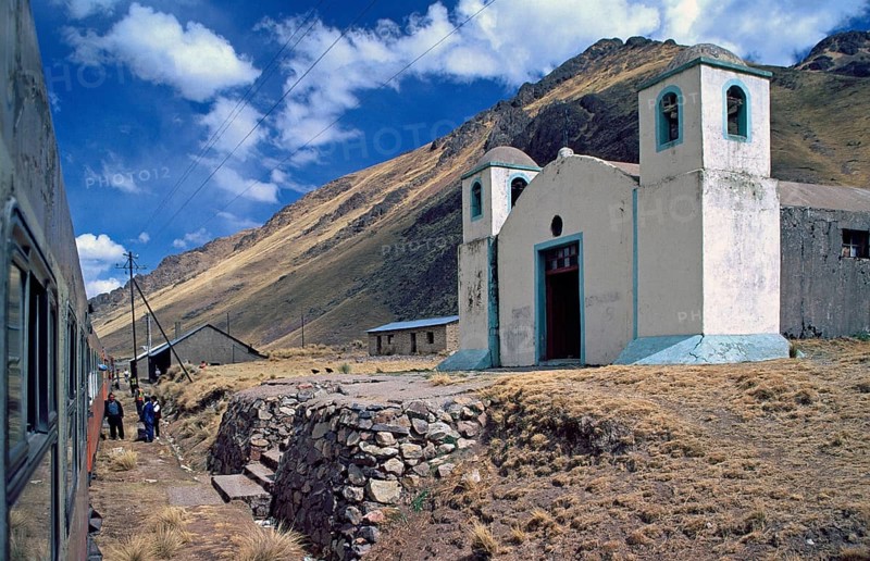 Church next to the railroad, Andean highlands between Cusco and Puno, Peru, South America, September 1997, vintage, retro, old, historic
