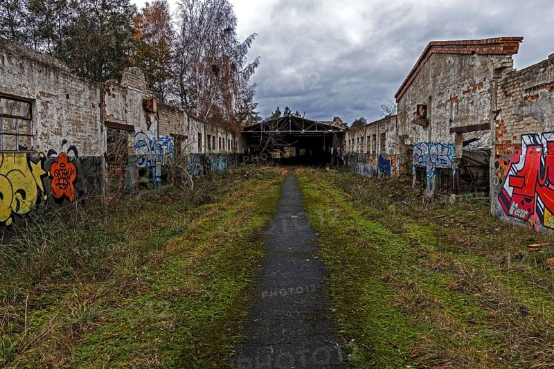 Dilapidated halls with gravity of the dilapidated plant of a former agricultural production cooperative of the former GDR, LPG, Lost Place, Müggenburg, Fischland-Darß-Zingst, Western Pomerania National Park, Mecklenburg-Western Pomerania, Germany