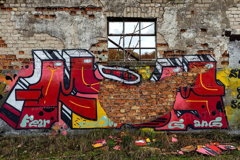 Alte Wand with Grafity of the dilapidated plant of a former agricultural production cooperative of the former GDR, LPG, Lost Place, Müggenburg, Fischland-Darß-Zingst, Western Pomerania National Park, Mecklenburg-Western Pomerania, Germany