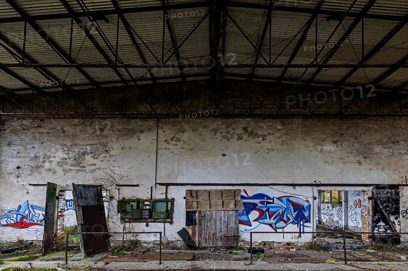Old hall with Grafity, dilapidated plant of a former agricultural production cooperative of the former GDR, LPG, Lost Place, Müggenburg, Fischland-Darß-Zingst, Western Pomerania National Park, Mecklenburg-Western Pomerania, Germany