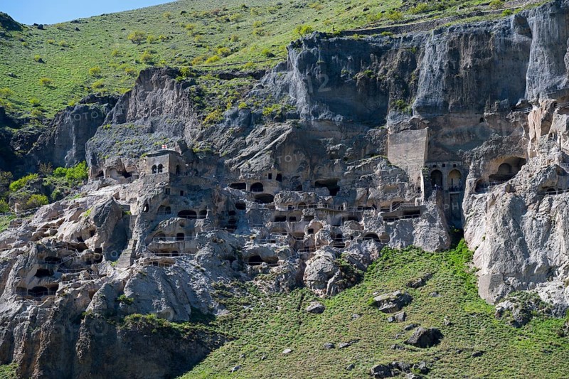Impressive monastery complex nestled in a cliff. A mix of nature and history, cave town, cave monastery, Vardzia, Samtskhe—Javakheti region, Samtske Javacheti, Lesser Caucasus, Georgia