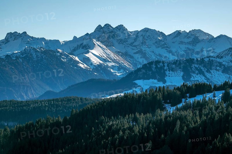 View from the high-altitude hiking trail from Bolsterlanger Horn to Riedberger Horn, snow-capped mountains of the Allgäu Alps with Kratzer, Trettachspitze and Mädelegabel, Bolsterlang, Oberstdorf, Oberallgäu, Bavaria, Germany