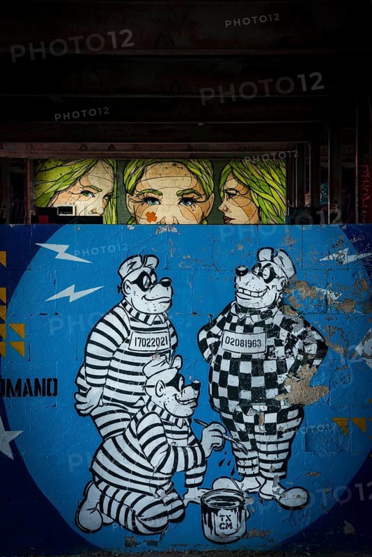 Graffiti on the former US eavesdropping facility on Teufelsberg in Grunewald, tank busters, comic, Berlin