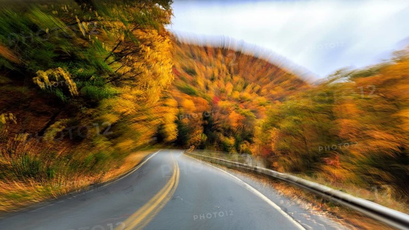 Curvy country road, downhill, autumn leaves, Indian summer, traveling, symbolic photo, zoom effect, blur, panoramic Mohawk Trail road, former trade route, Massachusetts, New England, USA