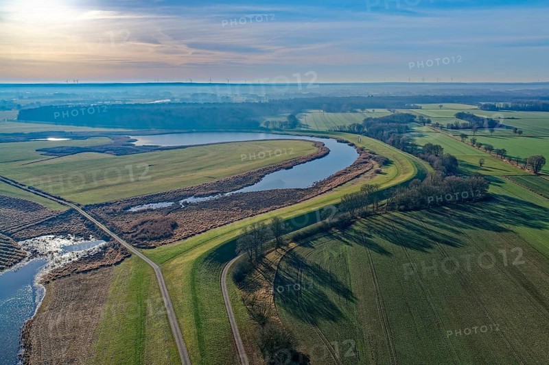 Radegaster Haken in the Elbe floodplain near Bleckede-Radegast on a clear winter day in the Elbe River Landscape Biosphere Reserve. aerial view. Bleckede-Radegast, Lower Saxony, Germany