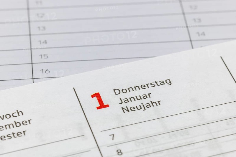 Calendar view of January 1st, New Year, without ballpoint pen, agenda