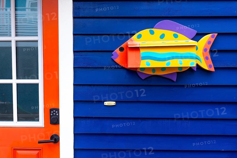 Whimsical fish shaped mailbox adds a touch of charm to a brightly colored blue house in victoria, british columbia, showcasing the city's unique and artistic character during a sunny summer day