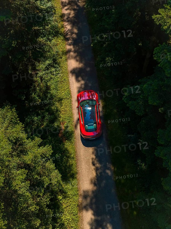 Bird's eye view of red sports car on a forest road, Porsche Taycan, Deer Carsharing, Calw, Germany