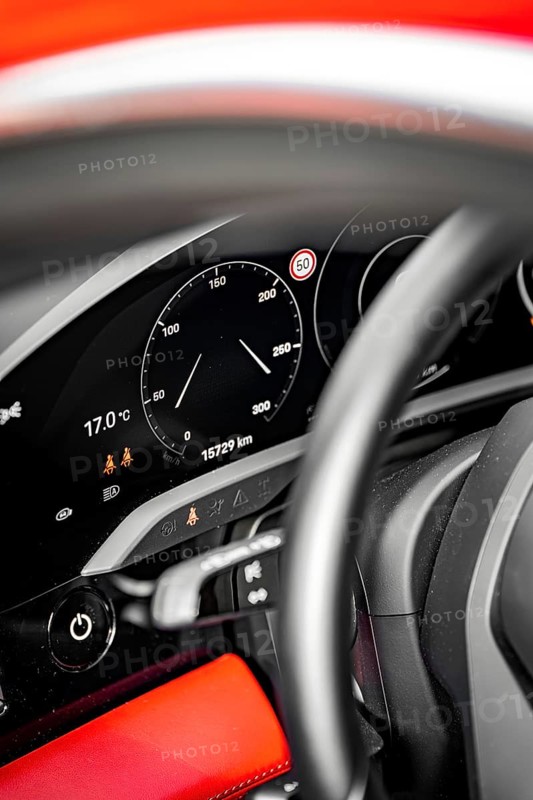 Detail of a dashboard with speedometer and steering wheel, accent color red, Porsche Taycan, Deer Carsharing, Calw, Germany
