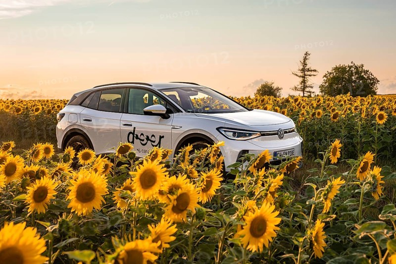 White car parked in a sunflower field at sunset, VW ID4 electric car, Deer Carsharing, Calw, Germany