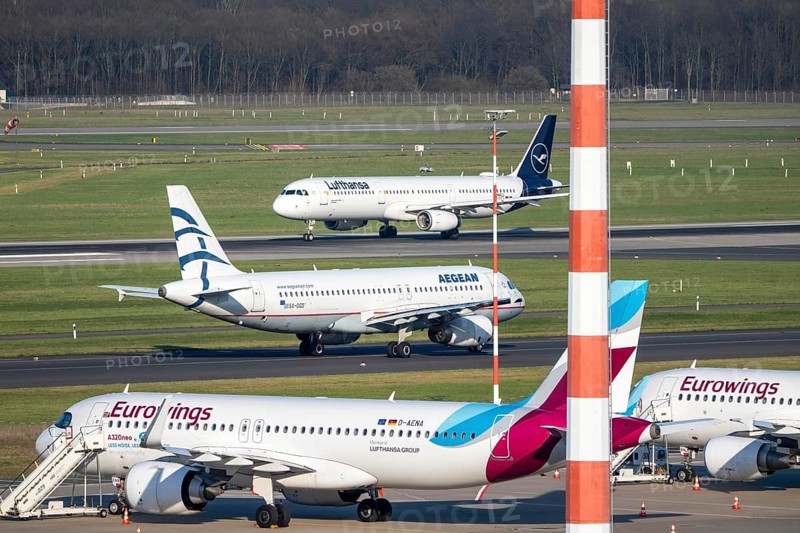 Lufthansa Airbus A321-200 on takeoff, Eurowings aircraft, on outdoor positions and on takeoff, Aegean Airbus A320-200 on the way to takeoff, Düsseldorf Airport, DUS