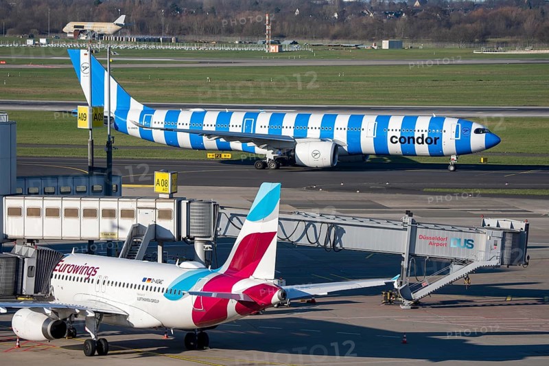 Eurowings Airbus aircraft, Condor Airbus A330-900, on the way to takeoff, at Terminal A and at takeoff, Düsseldorf Airport, DUS