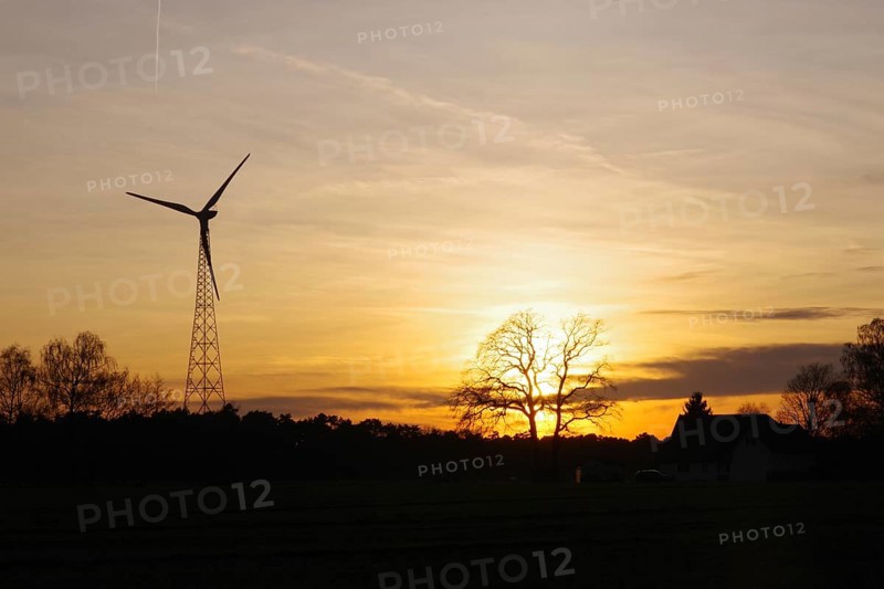 Landscape, wind generator, sunset, orange, atmospheric, winter, Germany, golden sunset in the countryside between wind turbine and trees