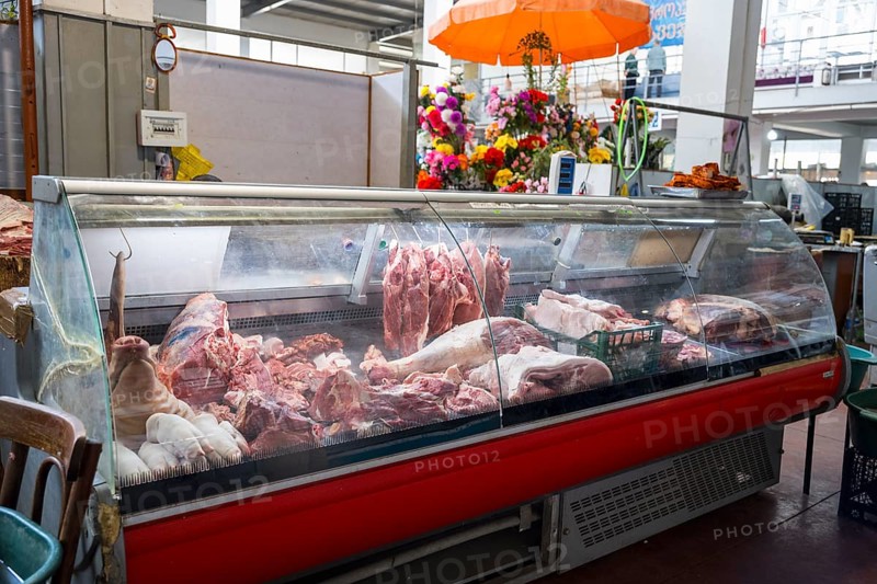 Refrigerated display cabinet with a selection of different types of meat in a butcher shop, Akhaltsikhe, Samtskhe-Javakheti region, Samtskhe-Javakheti, Georgia