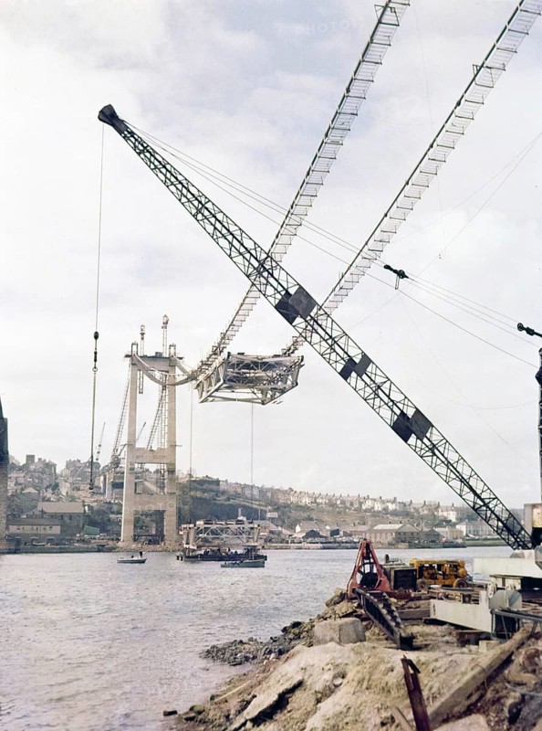 Construction of the Tamar Bridge in progress completed in 1961, view to Saltash, Cornwall from Plymouth, Devon, England, UK c 1960