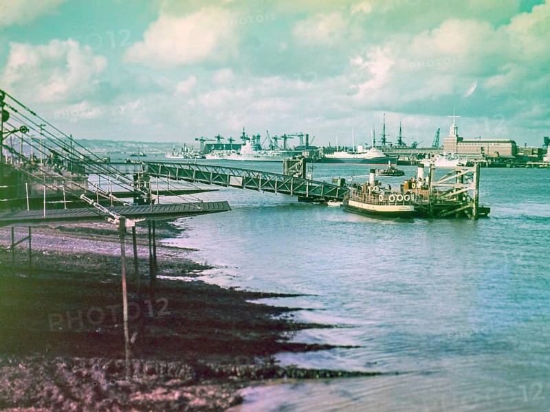 Landing stage for ferries, Portsmouth Harbour, Gosport, Hampshire, England, c 1956