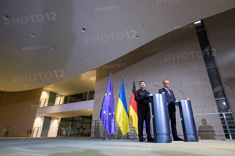 Volodymyr Zelensky (President of Ukraine) and Friedrich Merz (Chancellor of the Federal Republic of Germany) hold a press conference at the Federal Chancellery after the 8th German-Ukrainian Economic Forum, 15 August 2025