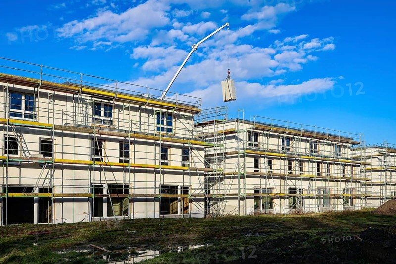 Castrop-Rauxel, North Rhine-Westphalia, Germany - residential construction in the Ruhr area. New construction district with semi-detached and terraced houses in the energy-saving KfW efficiency house standard 55