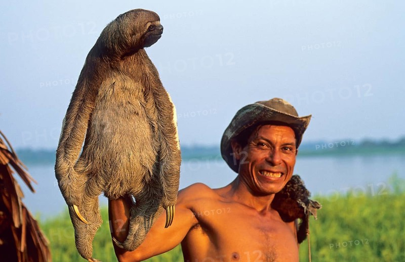 A man who runs a small private zoo near Iquitos on the Amazon shows a sloth, Peru, South America, September 1997, vintage, retro, old, historic