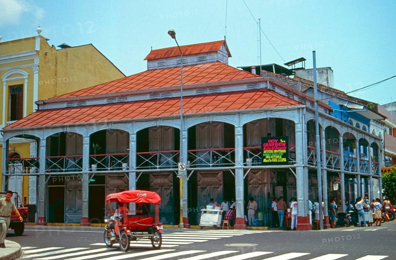 Tuk-tuk, iron house built by Gustav Eiffel in the center of Iquitos on the Amazon, Peru, South America, September 1997, vintage, retro, old, historic