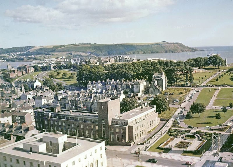 View down Armada way to coast and Plymouth Hoe, Plymouth, Devon, England, UK c 1962