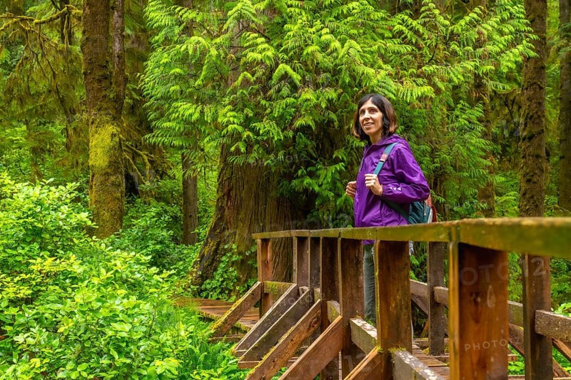 Female tourist hiking with a backpack along a tranquil rainforest trail, crossing a wooden bridge surrounded by lush green foliage and moss covered trees in ucluelet, vancouver island