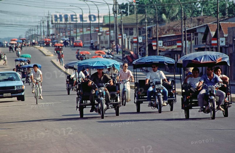 Auto rickshaws, tuk-tuks, Iquitos, Peru, South America, September 1997, vintage, retro, old, historic