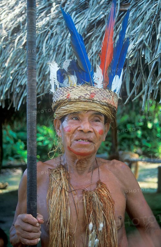 Chief of a Yagua tribe near Iquitos on the Amazon poses for photos, Peru, South America, September 1997, vintage, retro, old, historic