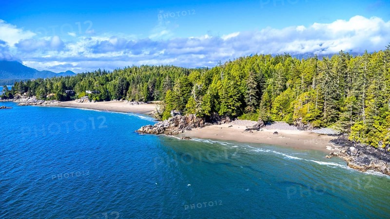 Aerial view of tofino's stunning coastline, showcasing a beautiful sandy beach nestled amidst a vibrant green forest, creating a picturesque summer scene on vancouver island, canada