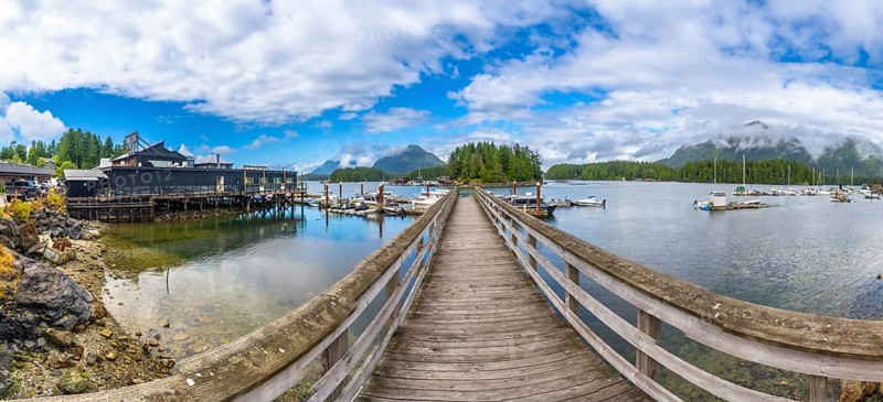 Panoramic view of a wooden pier leading to a harbor with boats, surrounded by lush forests and mountains under a cloudy blue sky in tofino, vancouver island, british columbia, canada