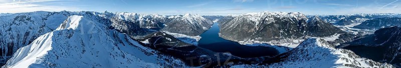 Aerial view, epic view of mountain landscape with snow in winter, summit of Bärenkopf, Achensee, Tyrol, Austria