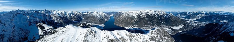 Alpine panorama, aerial view, epic view of mountain landscape with snow in winter, Bärenkopf summit, Achensee, Tyrol, Austria