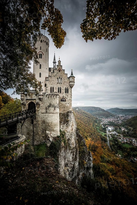 Castle and dark mystical atmosphere, Lichtenstein Castle, Honau, Echaz Valley, Swabian Jura, Baden-Württemberg, Germany