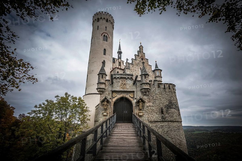 Castle and dark mystical atmosphere, Lichtenstein Castle, Honau, Echaz Valley, Swabian Jura, Baden-Württemberg, Germany