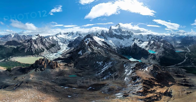 Aerial view, epic panorama, large glaciers, glacial lakes Lago de los Tres Laguna Sucia and Laguna Torre, mountains and peaks of Monte Fitz Roy and Cerro Torre, Fitz Roy mountain range, Cerro Chalten, Los Glaciares National Park, Patagonia, Santa Cruz Province, Argentina