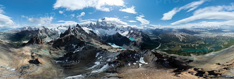 Aerial View, Epic Panorama, Large Glaciers, Lago de los Tres Laguna Sucia Glacier Lakes, Mountains and Peaks of Monte Fitz Roy, Mount Fitz Roy, Cerro Chalten, Los Glaciares National Park, Patagonia, Santa Cruz Province, Argentina