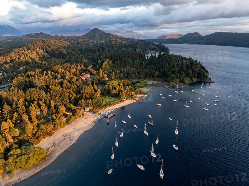 Sailboats in the lake, aerial view near San Carlos de Bariloche, Nahuel Huapi Lake, Península San Pedro, Río Negro Province, Argentina