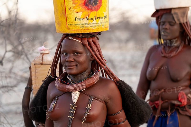 Himba woman fetching water, heavy water bucket on their heads, traditional Himba, Kaokoveld, Kunene, Namibia