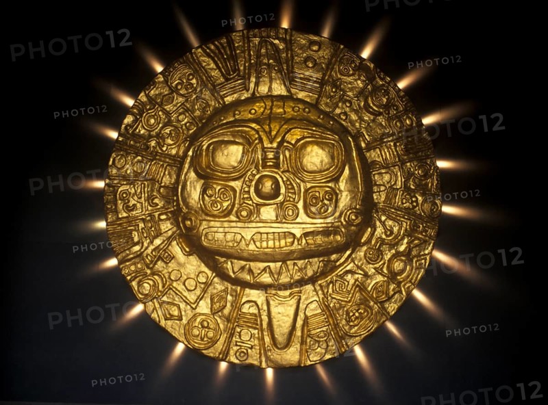 Golden Inca motif in the National Museum in Lima, Peru, South America, September 1997, vintage, retro, old, historic