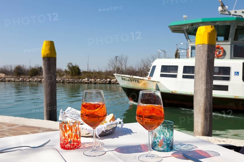 Aperitiv Spritz Aperol, Mazzorbo with Vaporetto, Venice, Veneto, Italy